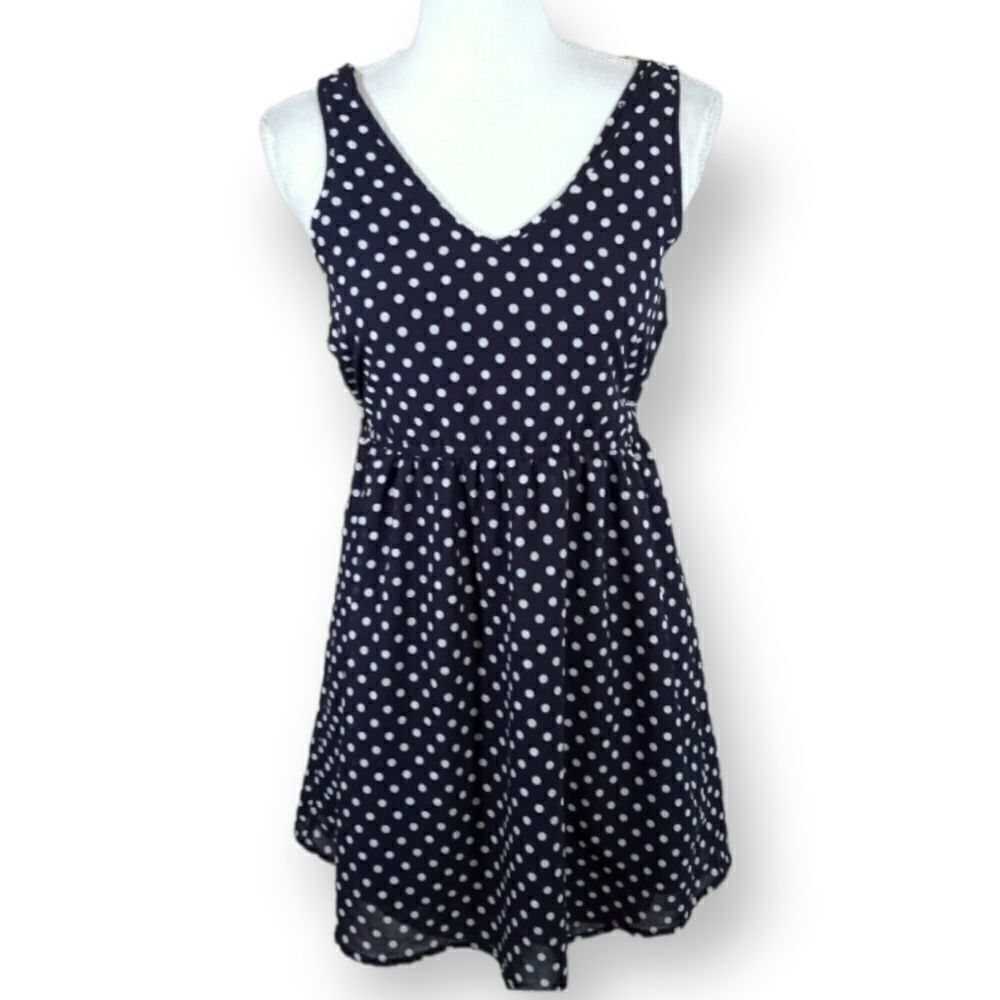NAVY & WHITE POLKA-DOT DRESS SZ.XS/S EUC - Picture 1 of 4